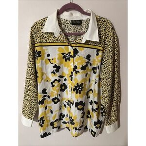 Bob Mackie Wearable Art Vintage Button Down Blouse Top XL Yellow Black Floral VG